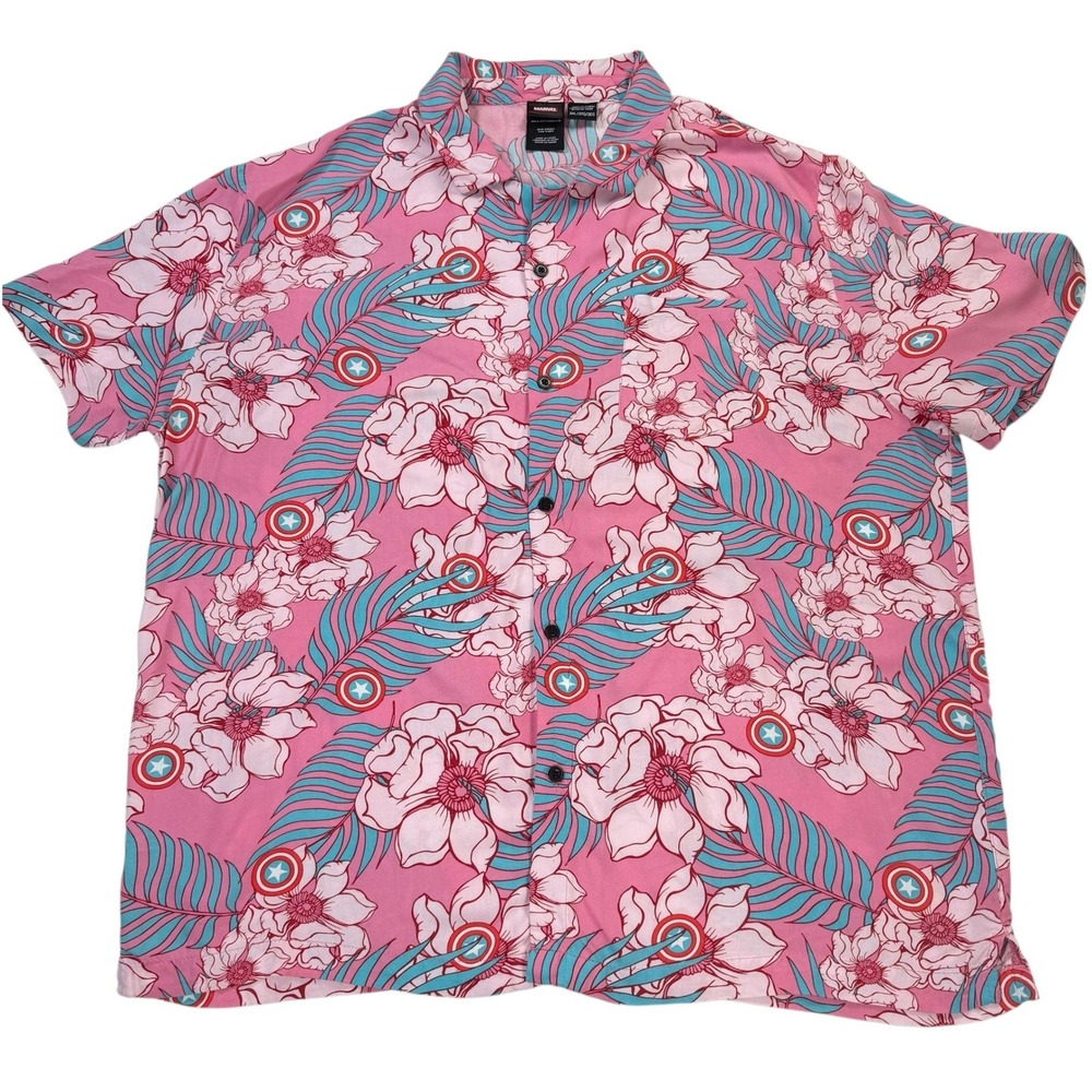 Marvel Captain America Button Down Shirt Mens 3XL Pink Excellent Tropical Floral